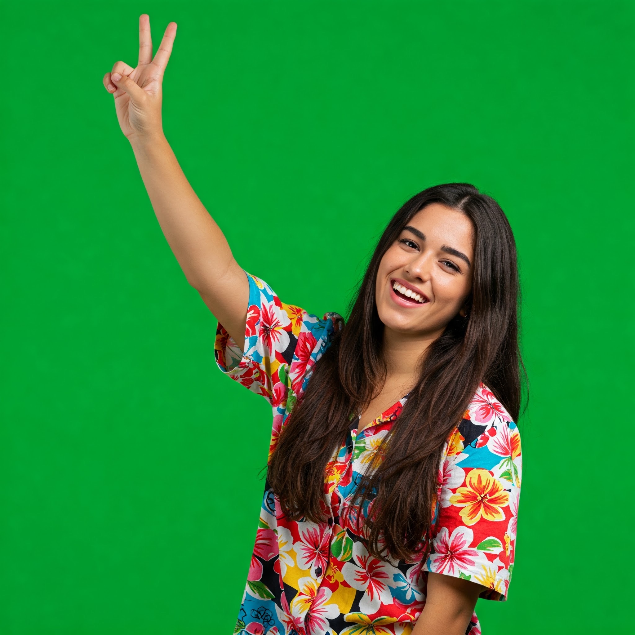 photo of Cheerful Young Woman Showing Peace Sign Against Green Screen